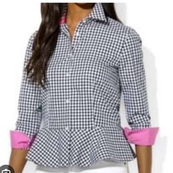 LAUREN Ralph Lauren Checkered Gingham Peplum Button Up Shirt/Size 10 - Picture 1 of 9